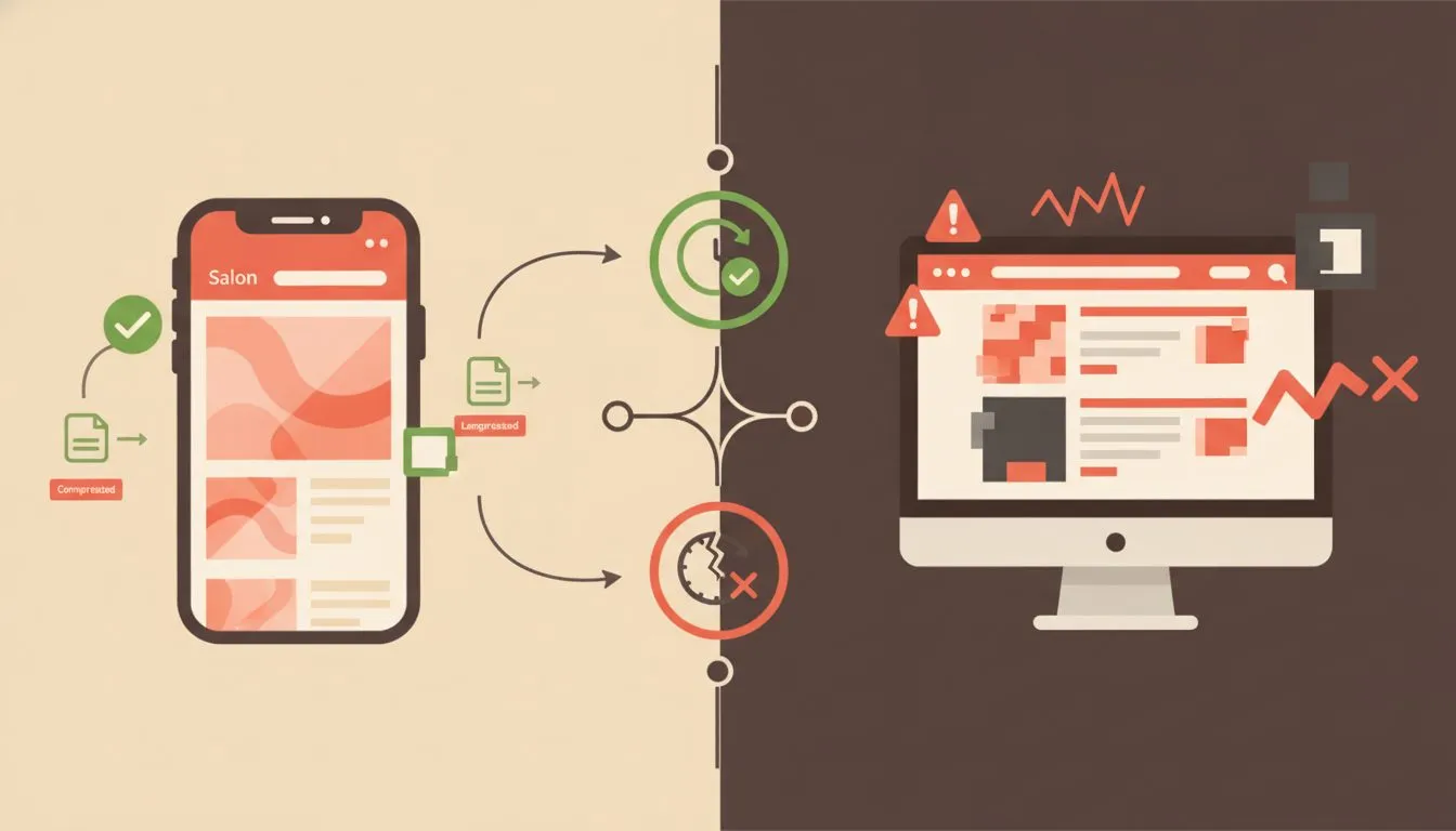 A split-screen infographic showing a salon website on a mobile phone with fast load indicators (green checkmarks, small file sizes, compressed images) on one side, and a slow-loading desktop-only vers