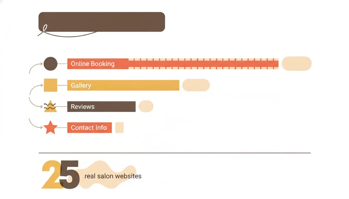 A horizontal bar chart or visual breakdown showing what features 25 real salon websites include, with percentage bars for elements like online booking, gallery, reviews, pricing, and contact info, sty