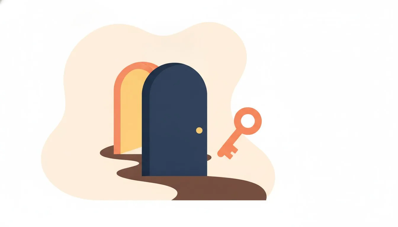 flat modern editorial vector illustration, a closed door with a key hovering beside it and a second open doorway visible just behind, suggesting an alternative route, soft rounded shapes, generous whi