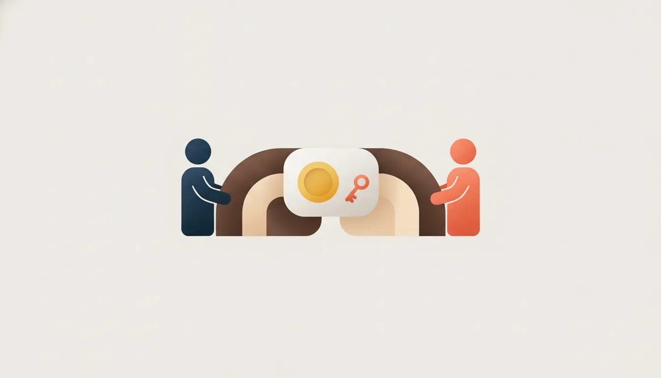 flat modern editorial vector illustration, two simple figures on either side of a neutral holding box that contains a coin shape and a small key shape, an intermediary structure between them, soft rou