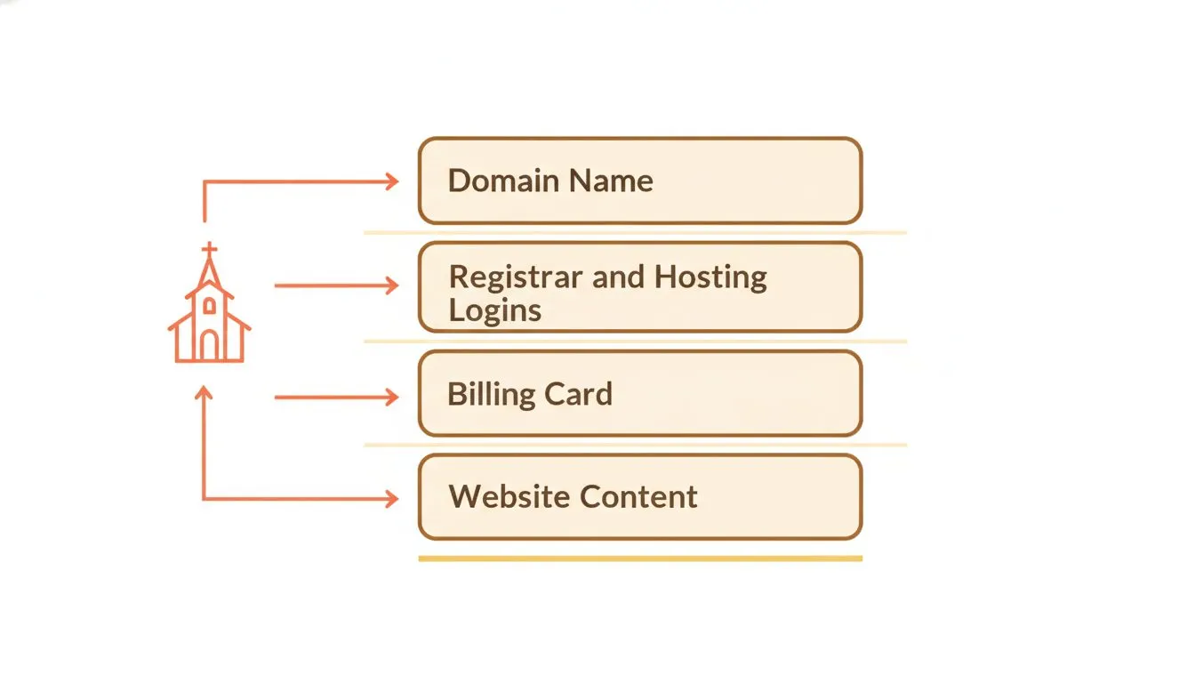 a simple layered diagram showing four stacked boxes labeled Domain Name, Registrar and Hosting Logins, Billing Card, and Website Content, with a small church icon on the left connected to all four
