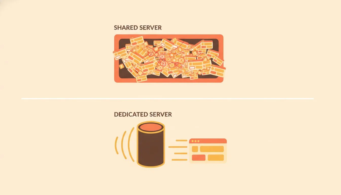 a clean conceptual illustration comparing an overcrowded shared server with dozens of tiny websites crammed together versus a single fast dedicated server, minimal flat style
