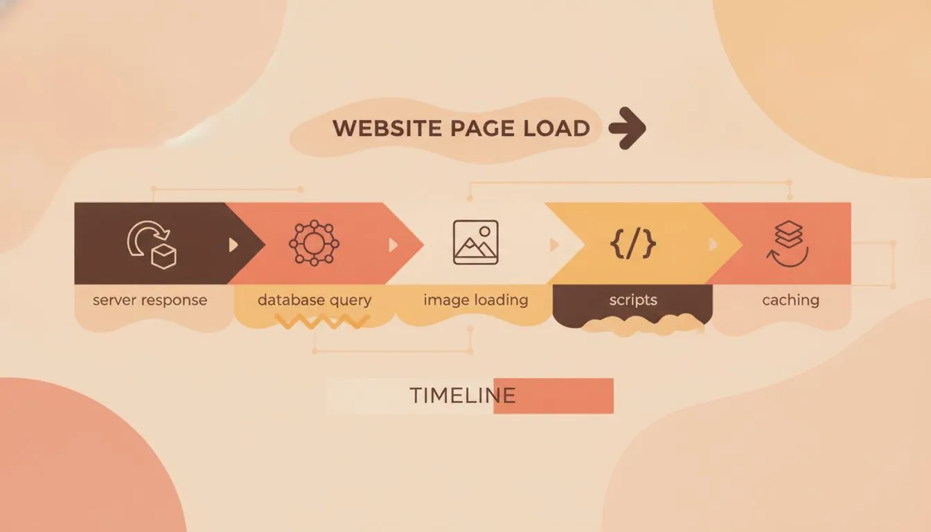 a diagram showing a website page load broken into segments - server response, database query, image loading, scripts, and caching - as a horizontal timeline bar, clean and labeled