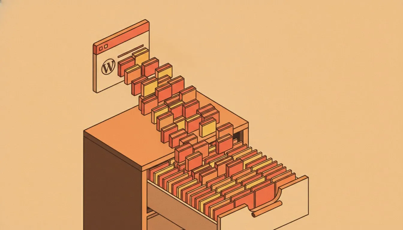 a clean conceptual illustration of a WordPress post multiplying into dozens of stacked revision copies filling a filing cabinet
