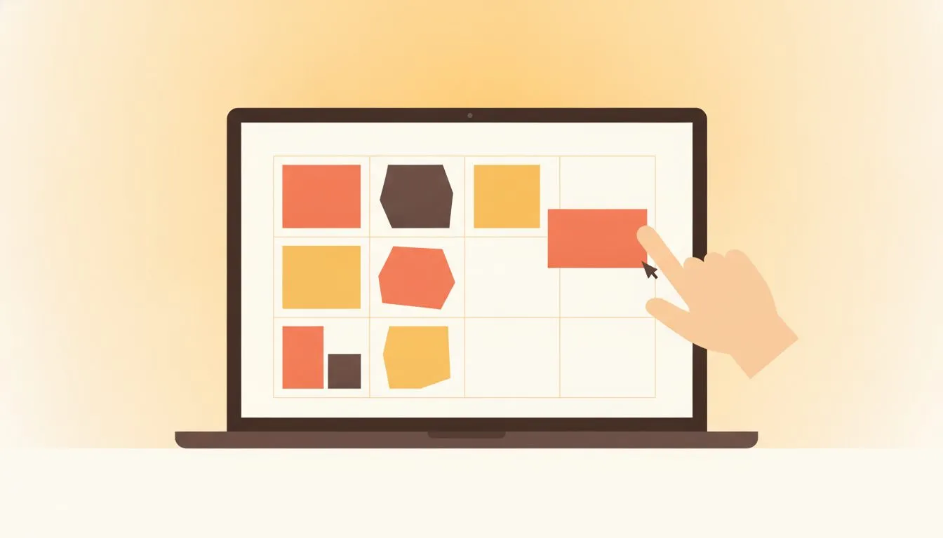 a clean conceptual illustration of a designer arranging portfolio images on a flexible grid layout on a laptop screen