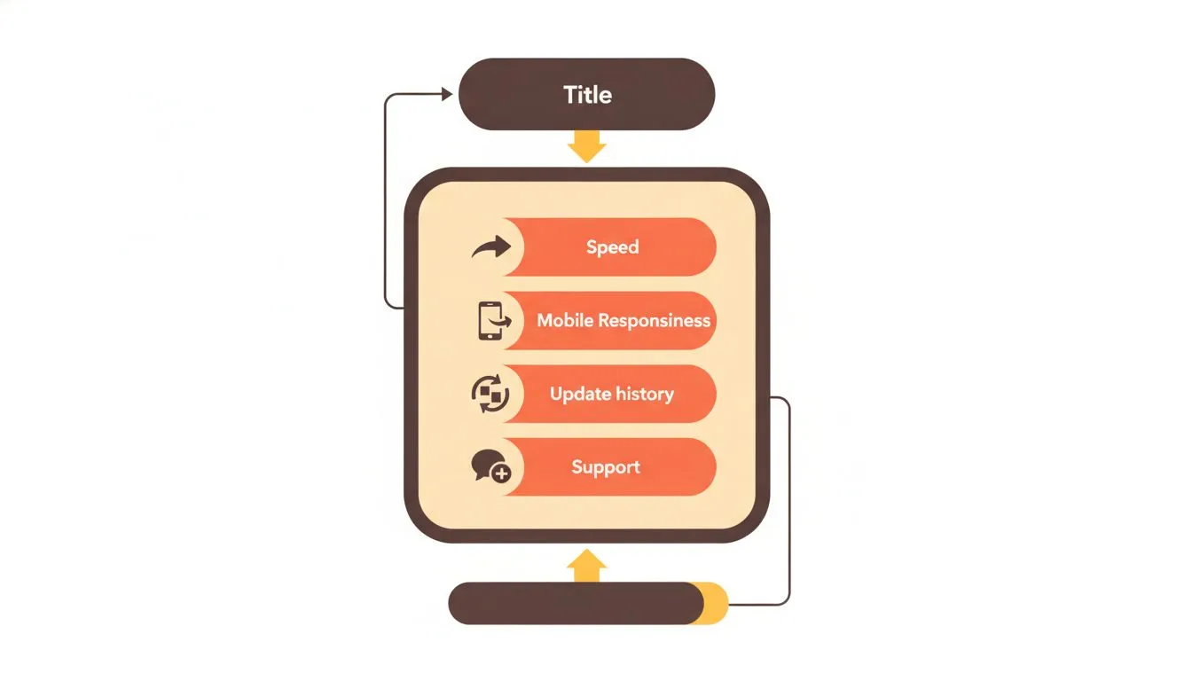 a clean checklist infographic showing four theme selection criteria - speed, mobile responsiveness, update history, and support - with simple icons