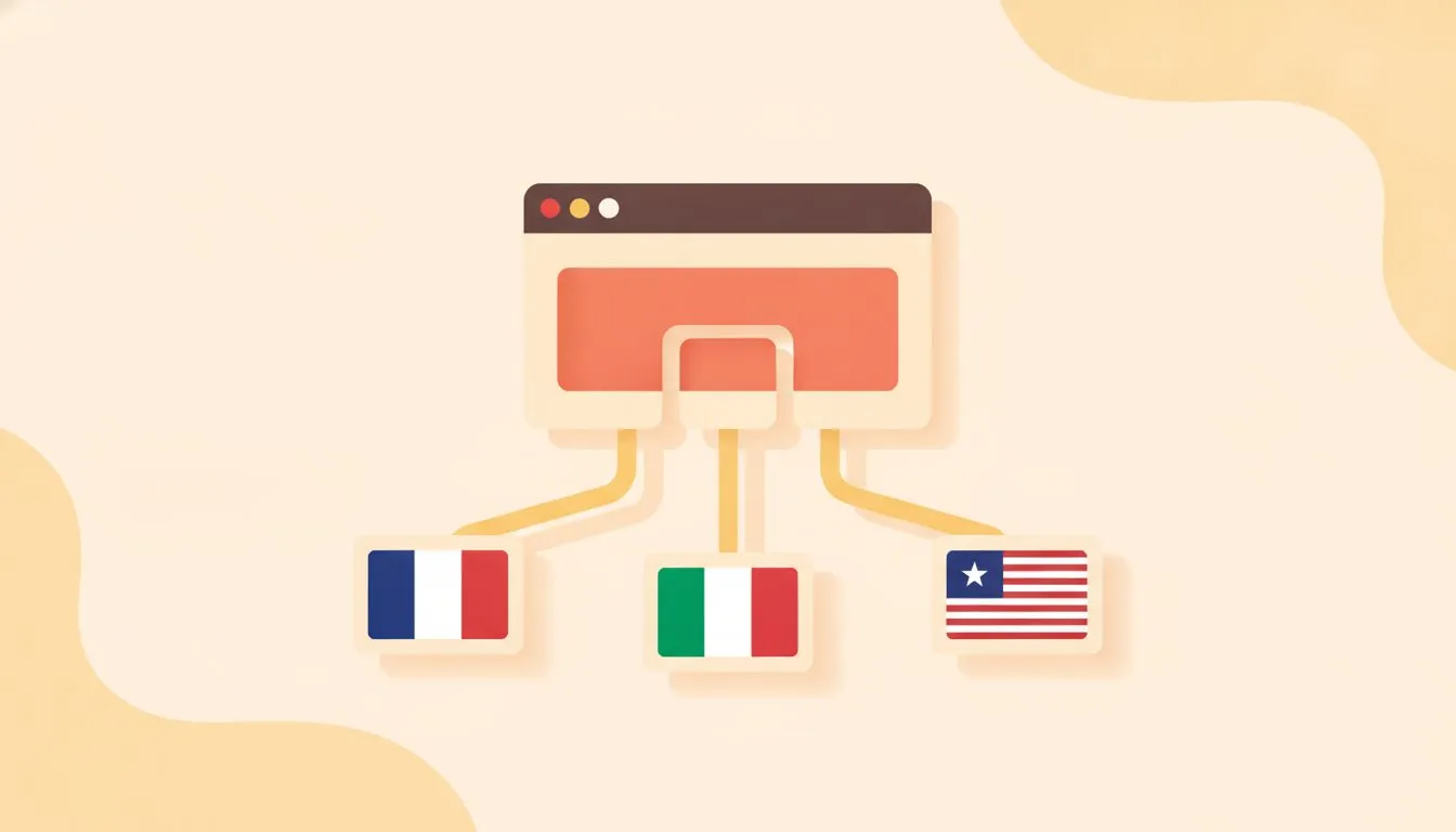 a clean conceptual illustration of a single website splitting into three language versions with flags, connected by tidy pathways