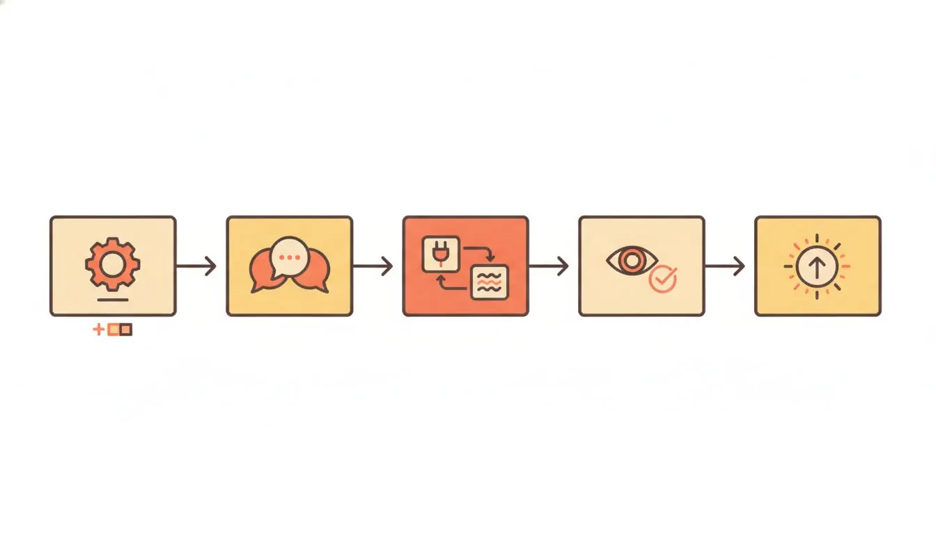 a simple step-by-step flow diagram showing install plugin, add languages, connect machine translation, review, then go live